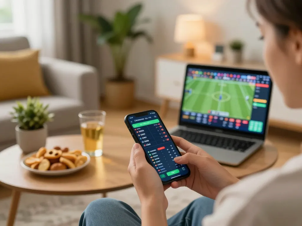 Engaging in sports betting on mobile app showcasing odds for 7m matches in cozy home setting