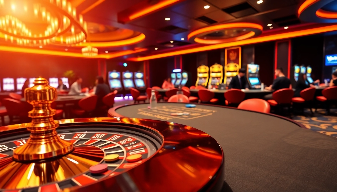 Exciting scene at pg88vip.it.com showcasing a vibrant casino atmosphere with roulette and poker tables.
