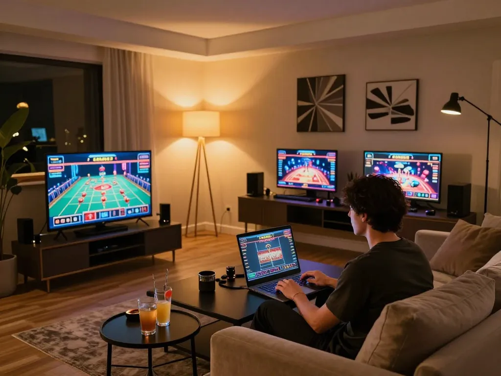 Person enjoying ALO8 online casino gaming on a laptop in a stylish home setting.