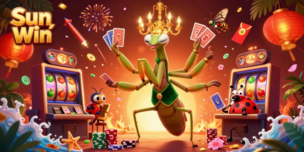 Experience Sun Win with a vibrant scene showcasing a 3D cartoon mantis and ladybug in a dynamic gambling setting.