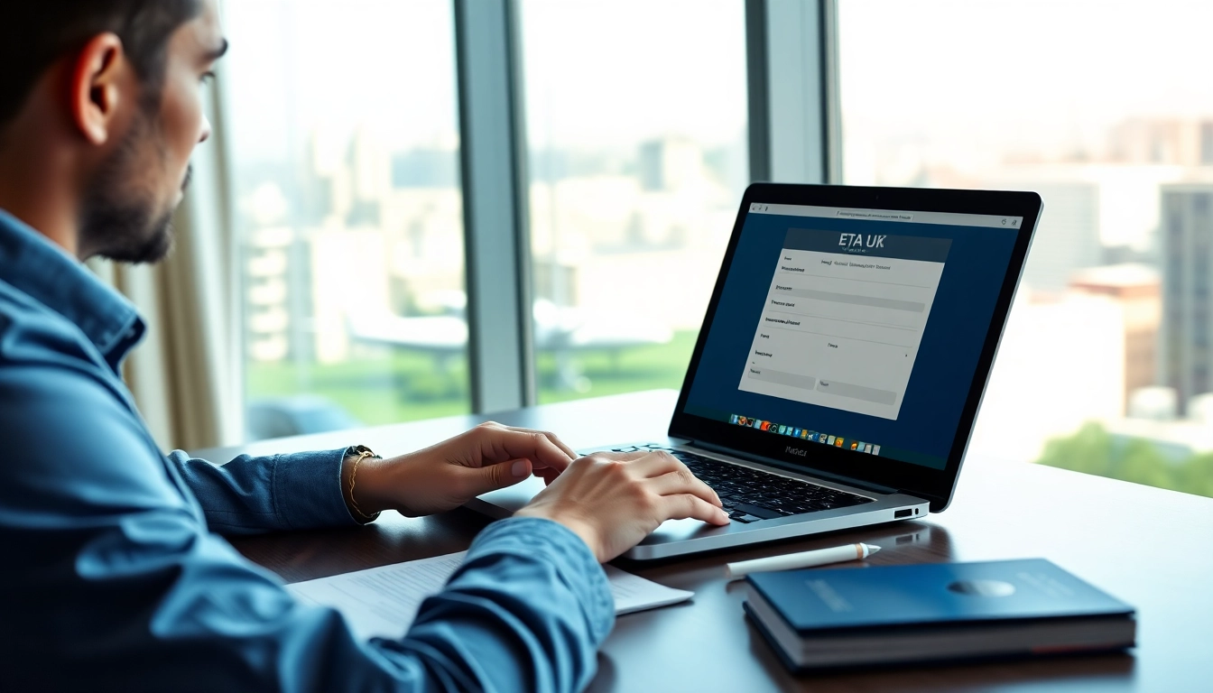 Fill out the eta uk application form on a laptop in a bright, inviting workspace.