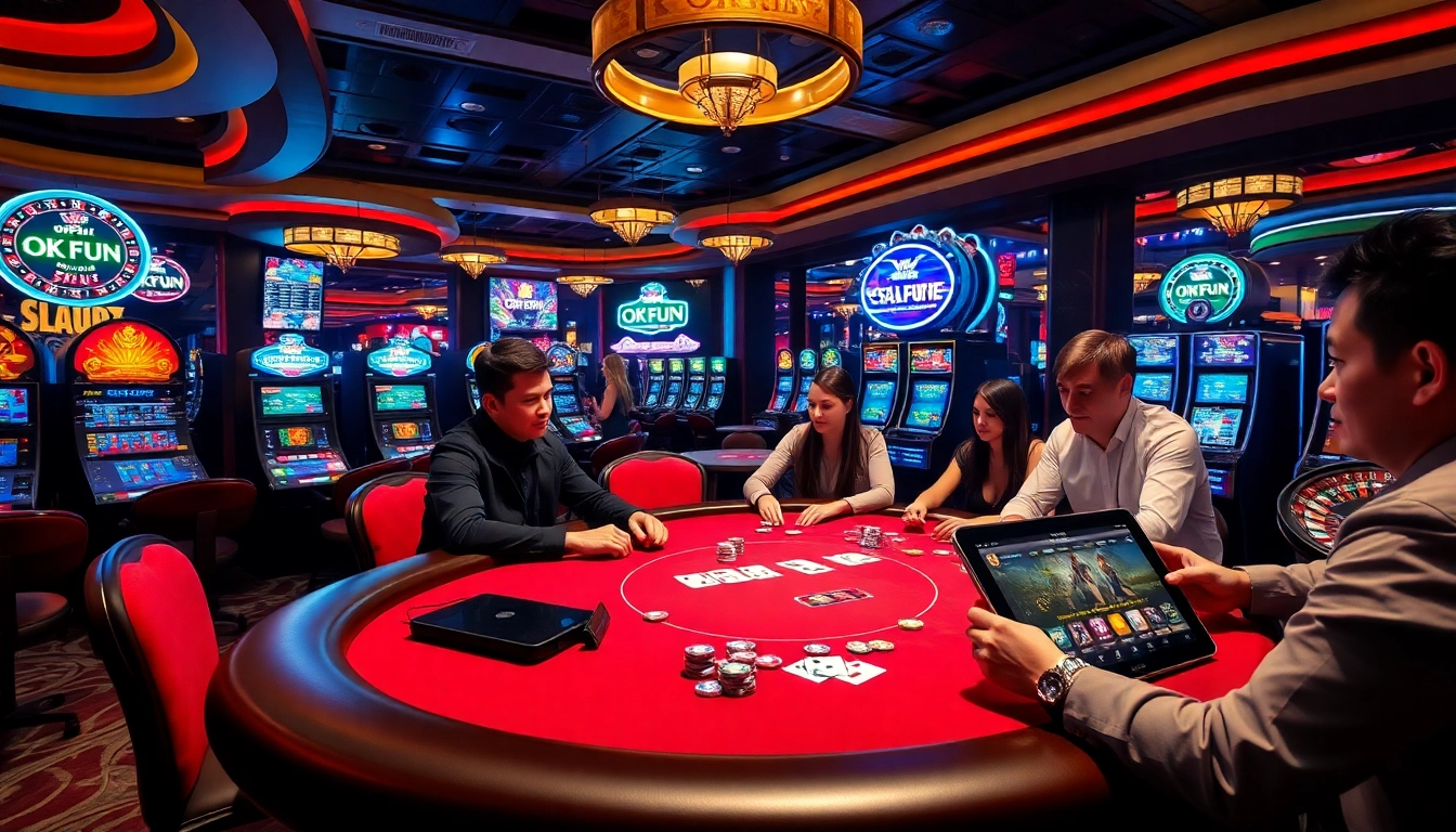Experience high-stakes play at OKFUN casino with players immersed in poker and vibrant slot machines.