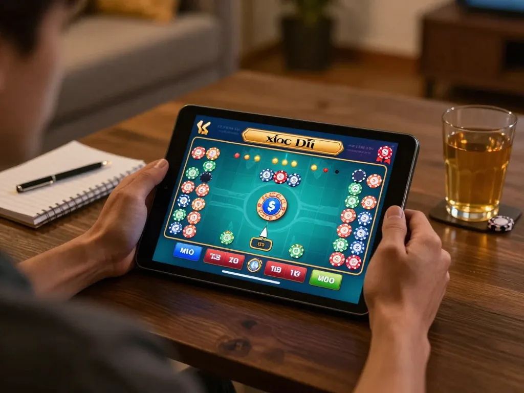 Engaging in xóc đĩa online from home on a tablet, showcasing strategic gameplay in a cozy setting.
