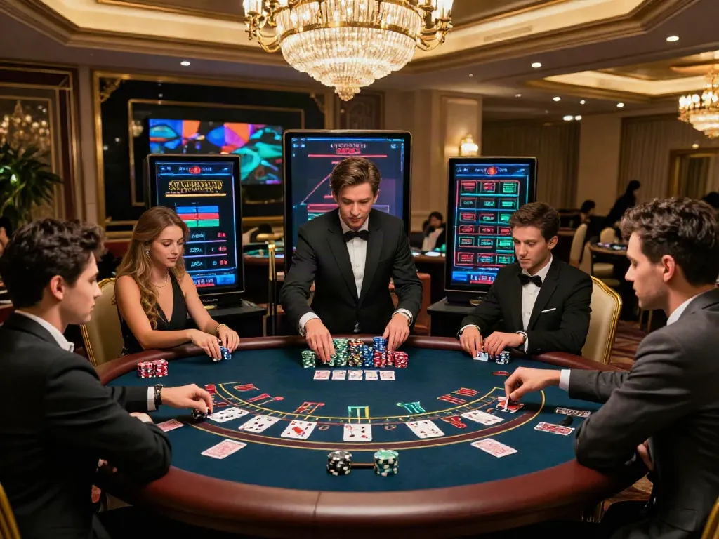 Excited players enjoying a blackjack game at upscale online credit card casinos with vibrant graphics and elegant decor.