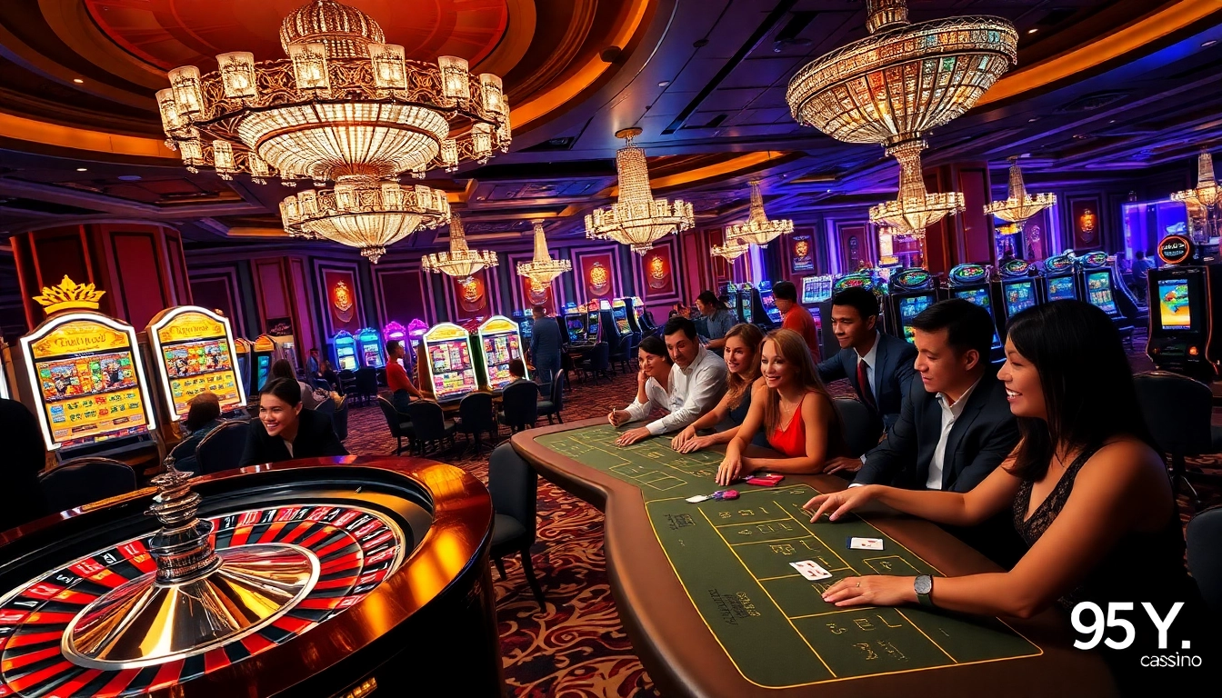 Experience the excitement of high-stakes gaming at 95Y casino with vibrant tables and slot machines.