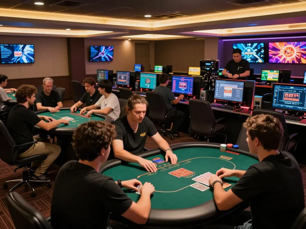 Engaged players enjoying online casino gaming on c168 com with vibrant screens and warm lighting