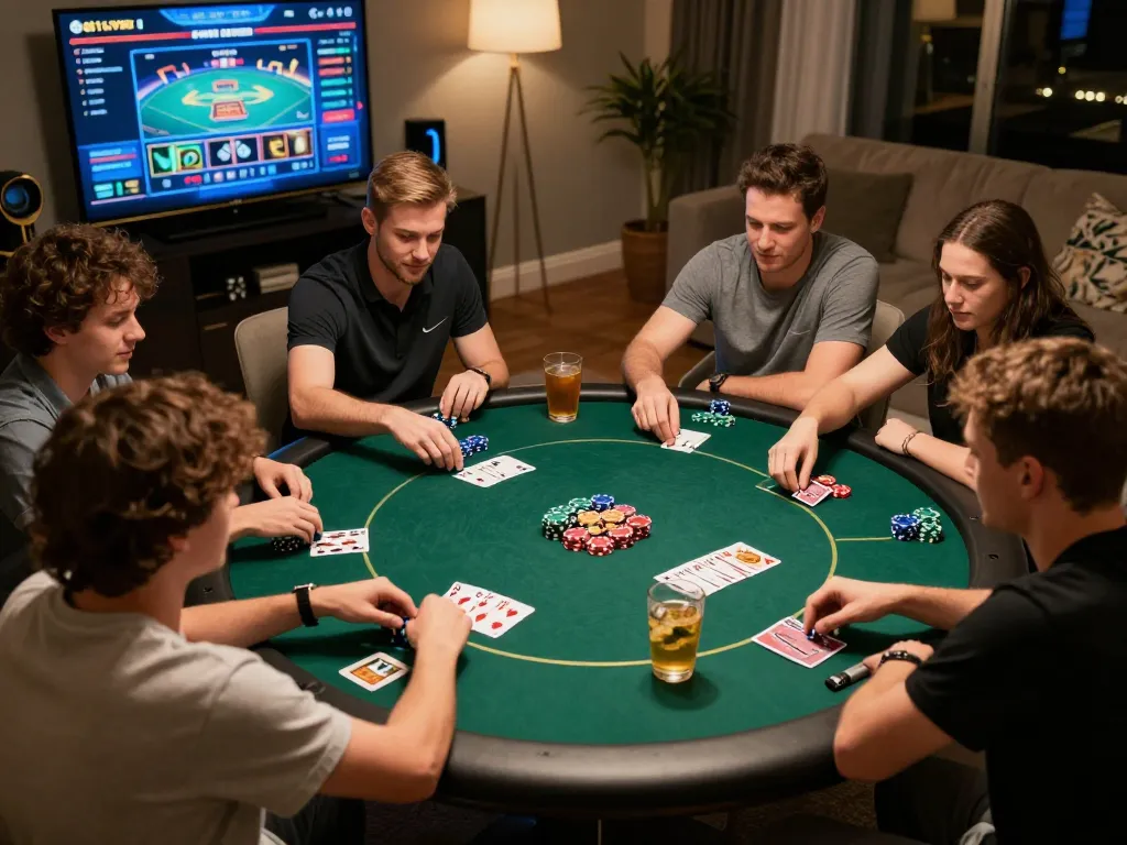 Friends enjoying a poker game while using sc888 for online casino strategy.