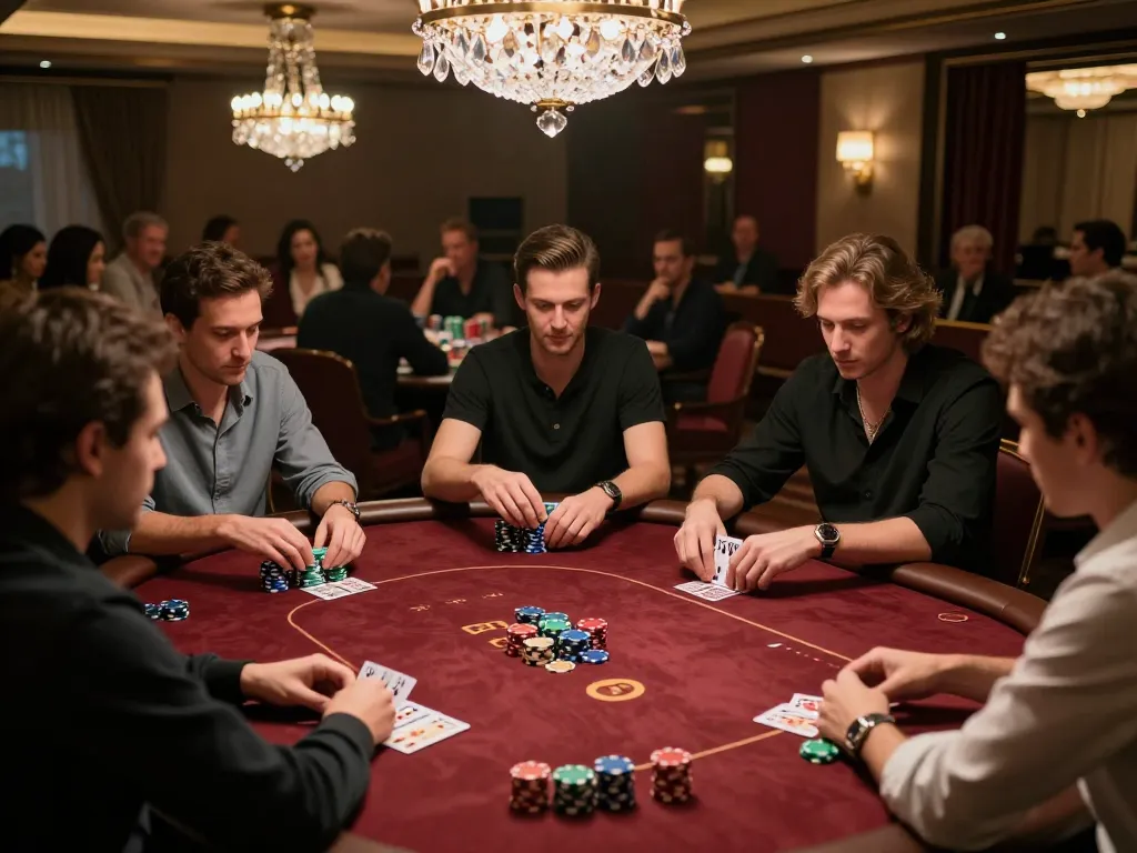 Players at the poker table analyzing their cards at https://mm88.green/ in an upscale casino environment.