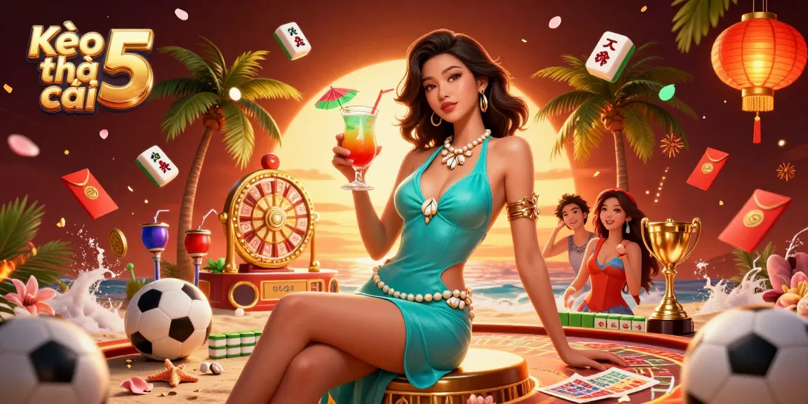 Kèo nhà cái 5 showcases an engaging scene of sports betting with vibrant elements and a glamorous character.