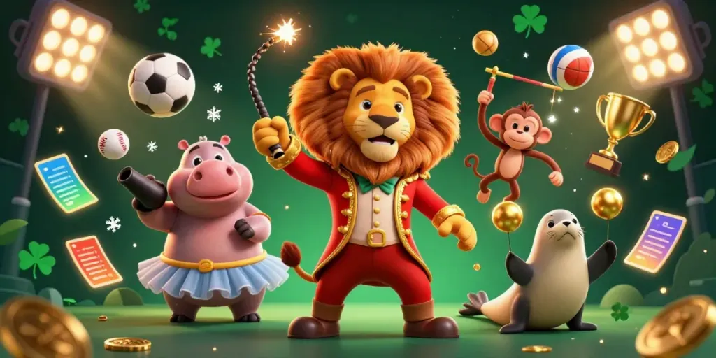 Engage in the exciting world of MM88 with a dynamic casino scene featuring vibrant characters and sports elements.