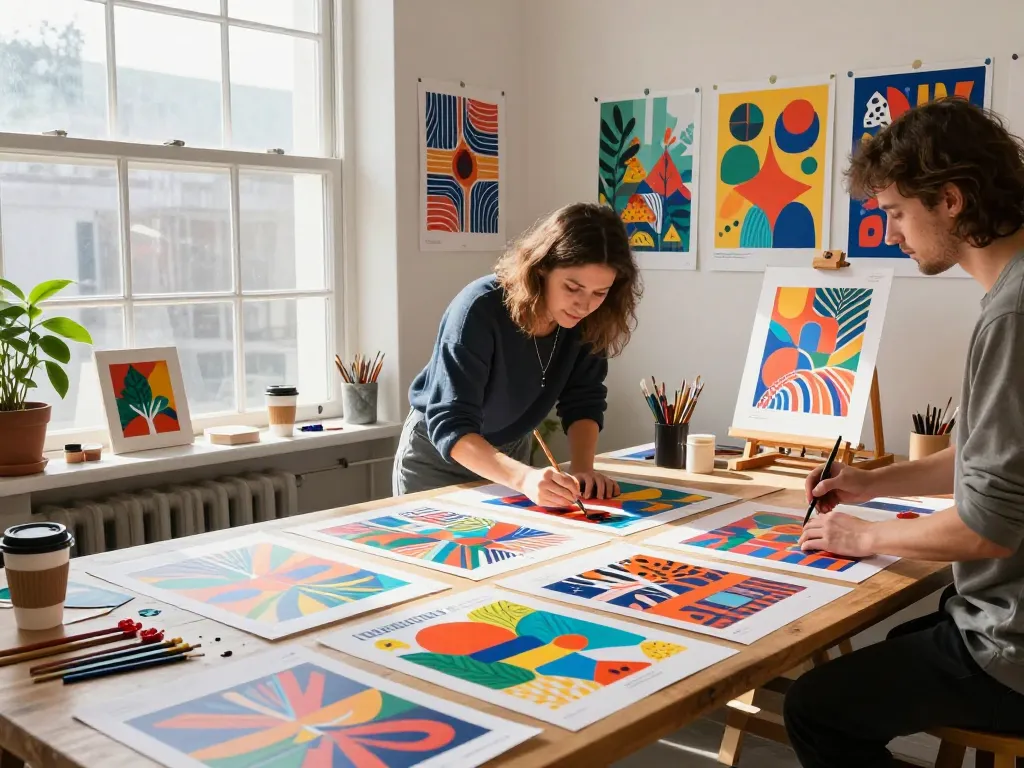 Custom poster printing scene with an artist designing vibrant posters in a sunlit studio.