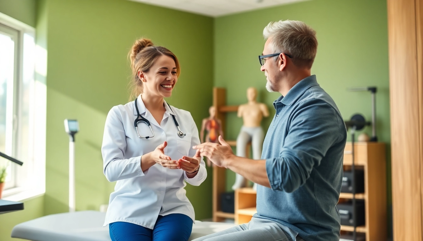Engaged discussion on back pain solutions between a physiotherapist and a patient.