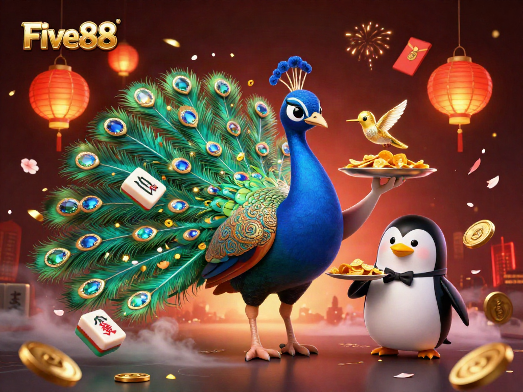 Experience the vibrant gaming world of Five88 with majestic peacock, penguin butler, and dynamic elements.