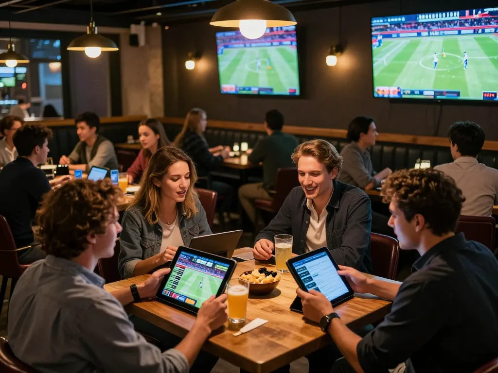 Kèo nhà cái 5 displayed on tablets in a lively sports betting scene with friends enjoying the game.