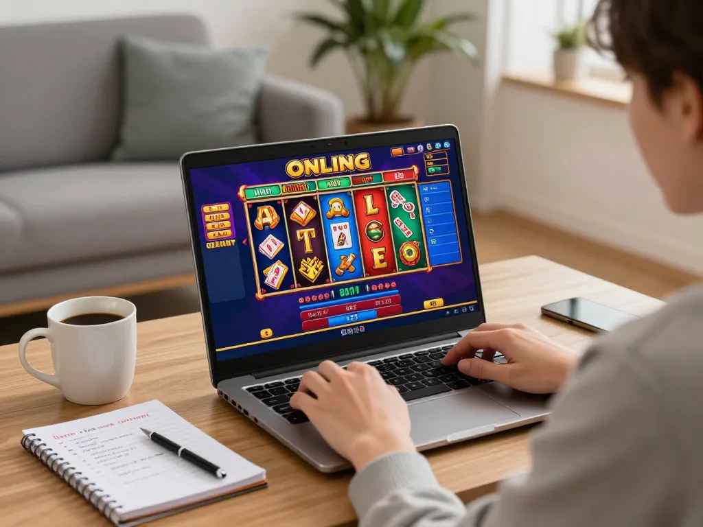 Engaging with cm88-yu online slots on a laptop in a cozy living room