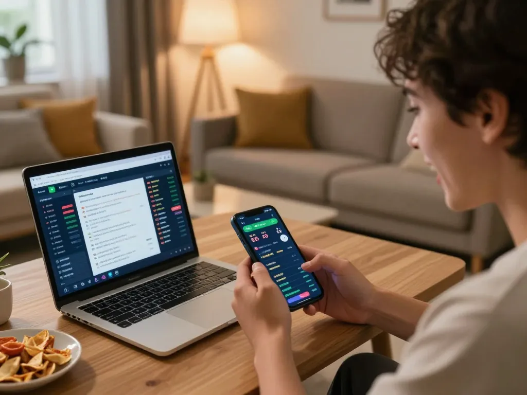 Betting on 1gom: Engaged player analyzing live odds on smartphone in cozy home setting