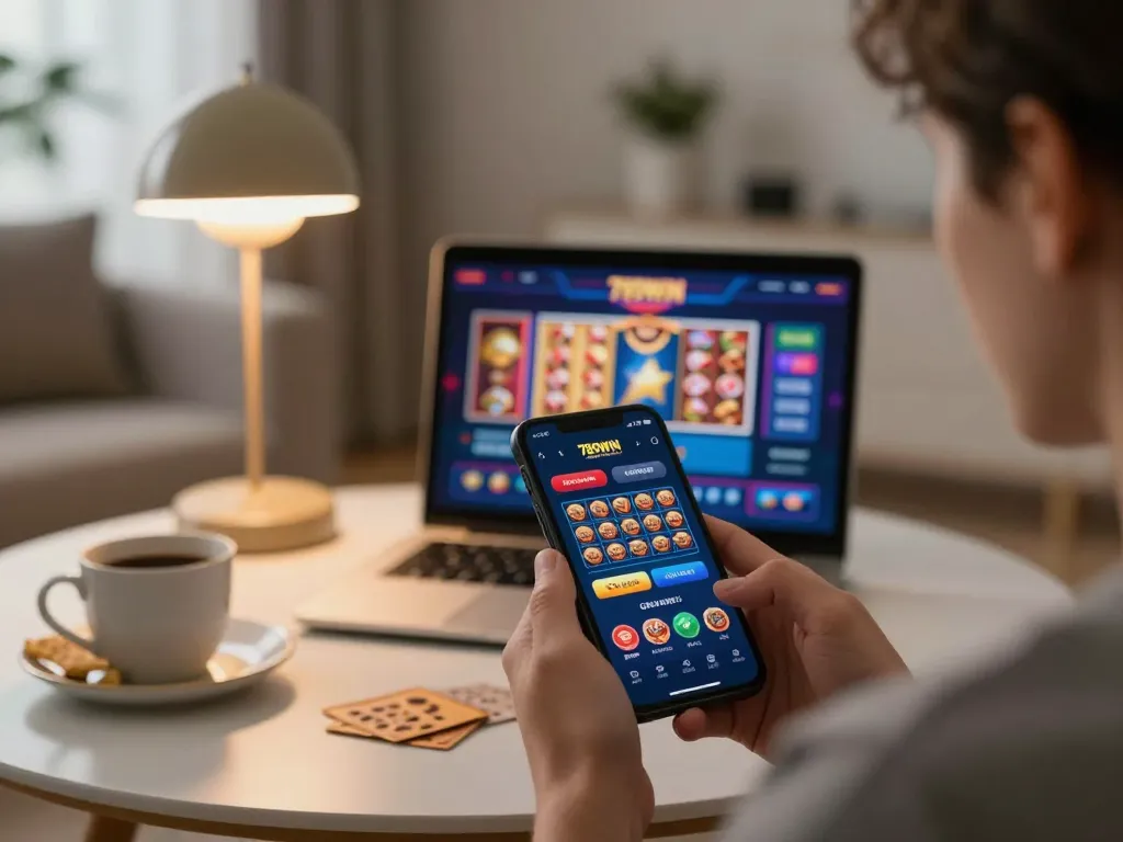Engaging in online gambling with 789WIN app, showcasing smartphone gaming in a cozy setting