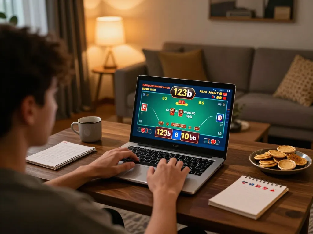 Player engaging with 123b online casino game on laptop at home, cozy atmosphere with notes and snacks.
