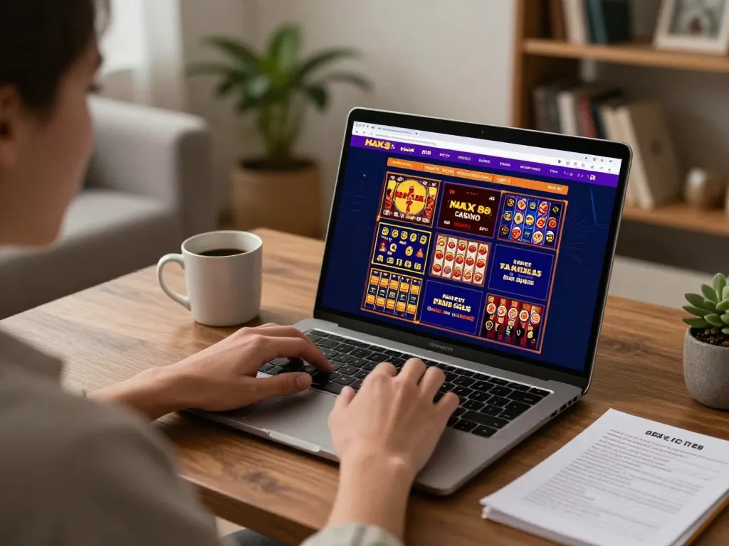Playing online casino games at MAX 88 on a laptop, showcasing vibrant game interface and strategic focus