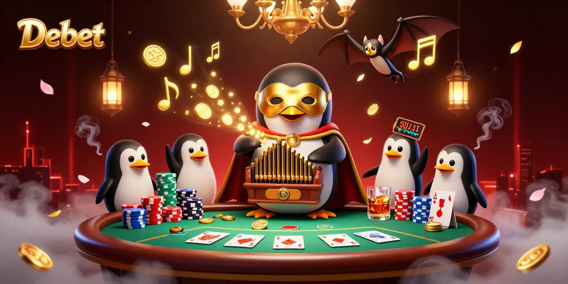 Experience Debet's vibrant casino atmosphere with a playful penguin and poker elements in a dynamic 3D scene.