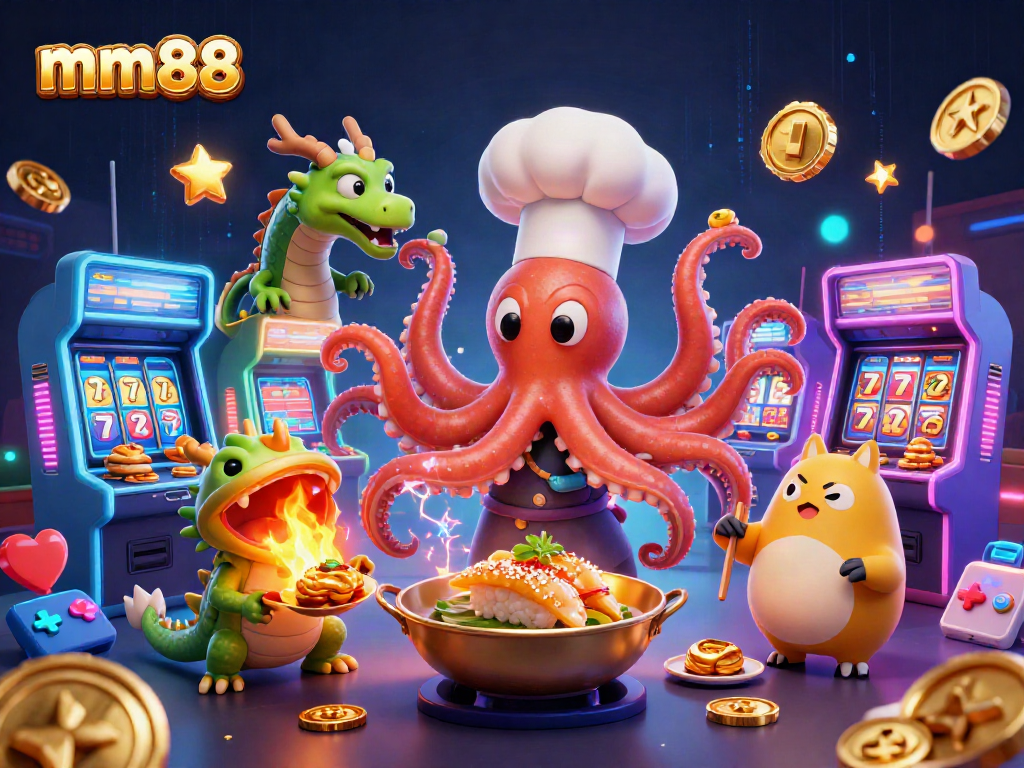 Engage with mm88's vibrant casino scene featuring a sushi chef octopus and a dragon amid colorful gaming elements.