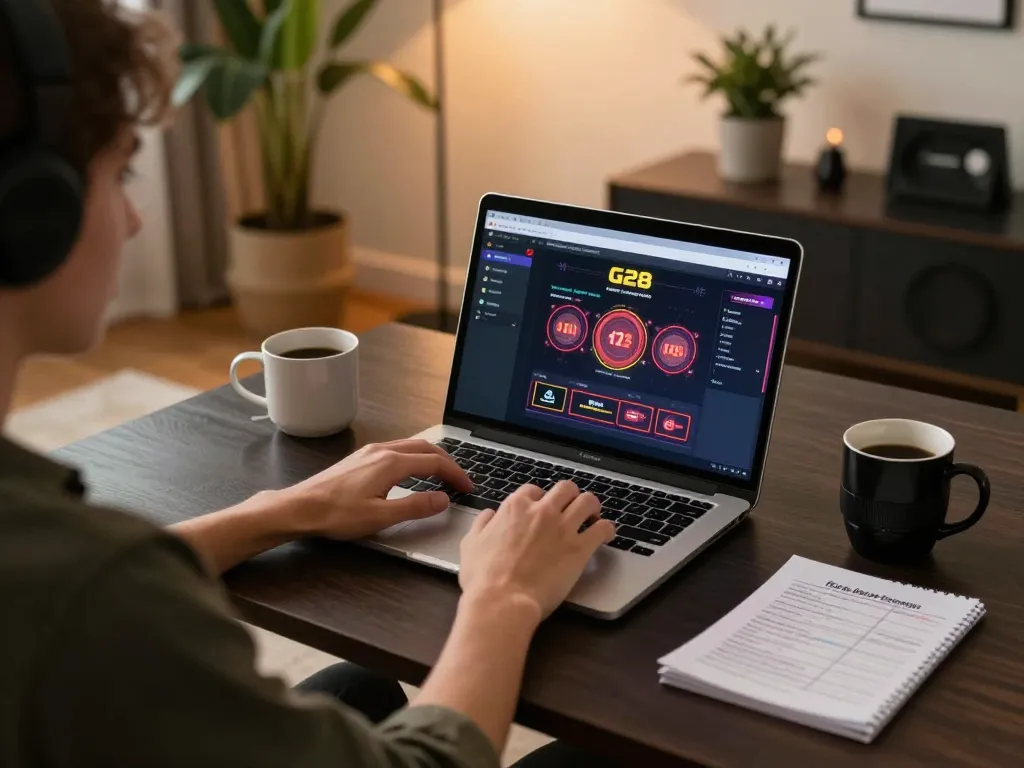 Engaged user exploring G28 betting options on laptop at home