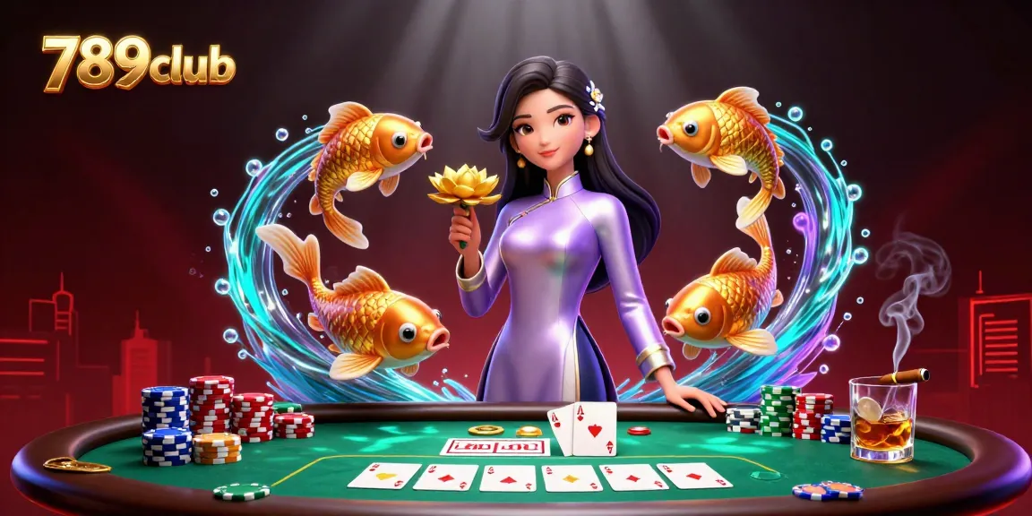 Join the thrilling action at 789club with an Asian woman in ao dai among poker elements and koi fish in vibrant casino scene.