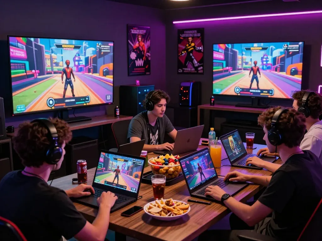 Interactive sex game experience with diverse players enjoying immersive adult gameplay in a vibrant gaming room.