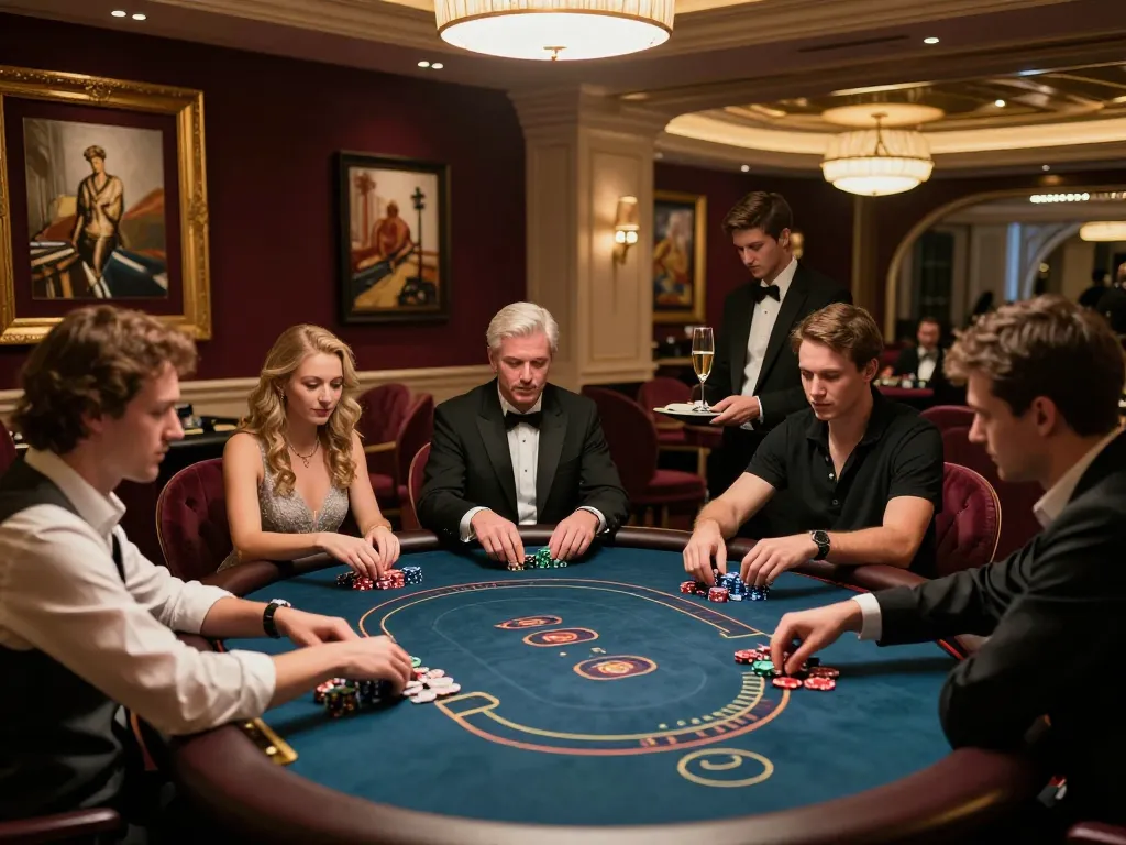 nhà cái cm88 - Engaged players at an exclusive casino poker table enjoying high-stakes gameplay.