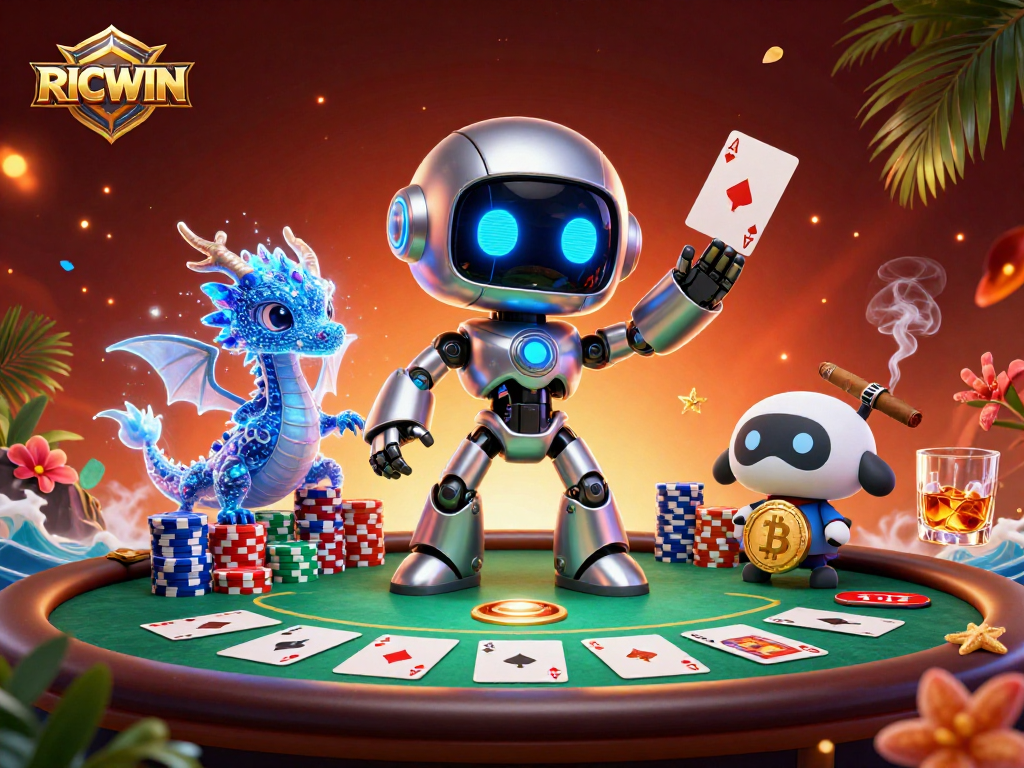 Experience excitement with RICWIN as a cyberpunk robot leads a poker game full of vibrant elements.