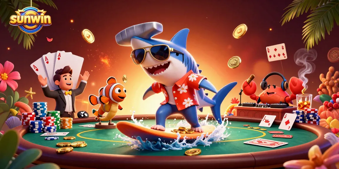 Experience thrilling action with sunwin as a shark surfs on gold coins, surrounded by poker elements.