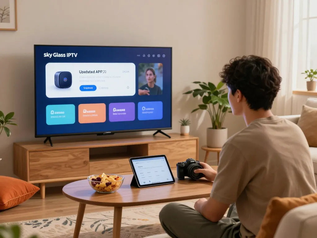 Sky Glass IPTV Updated APP 2026 installation setup in a cozy living room with modern decor.