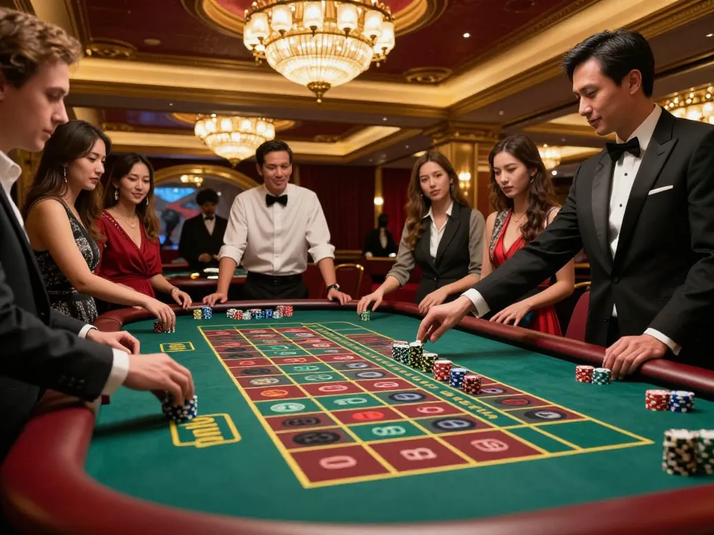 Dacsandatphanrang players placing bets at a lively roulette table in an upscale casino