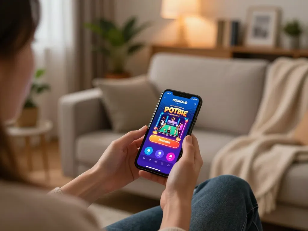 Ngonclub user enjoying mobile gaming in a cozy home environment with vibrant casino app interface