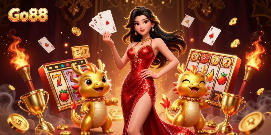 Engage with the thrilling world of Go88, featuring an elegant woman with a golden dragon and slot elements.
