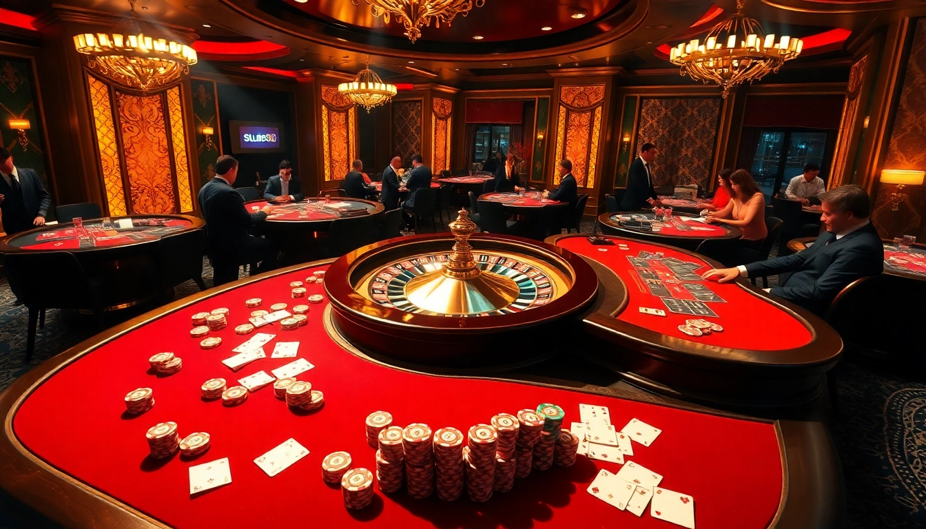Gamblers enjoying a high-stakes game at SCLUB88 COM casino, showcasing vibrant poker tables and luxurious ambiance.