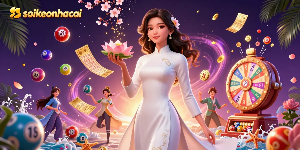 Engage with soikeonhacai at a vibrant online casino atmosphere showcasing lottery elements and glamorous characters.