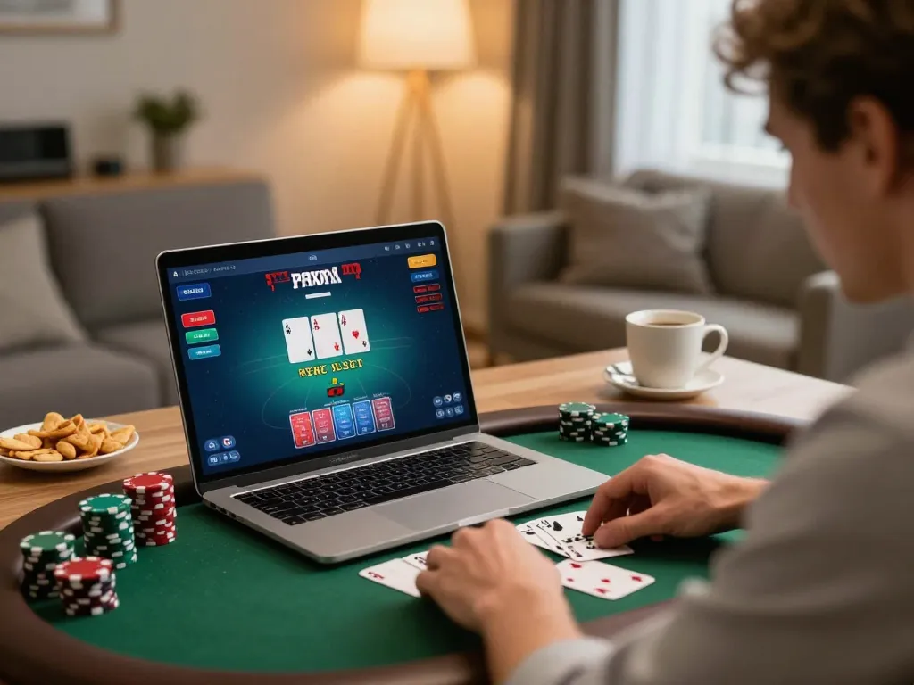 Engaged player enjoying poker on SHBET .COM, showcasing home gaming setup with snacks and coffee