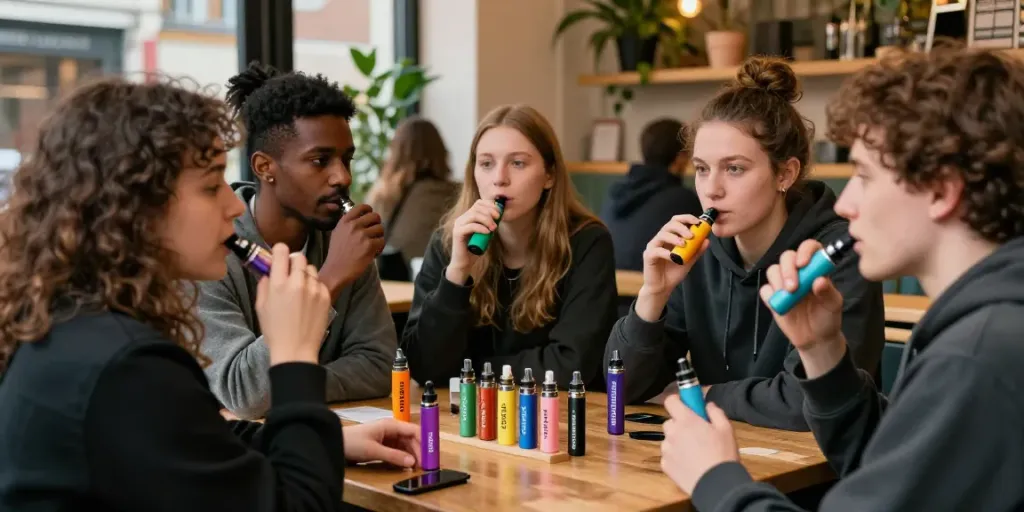 Enjoying THC vapes in UK at a vibrant café with friends.
