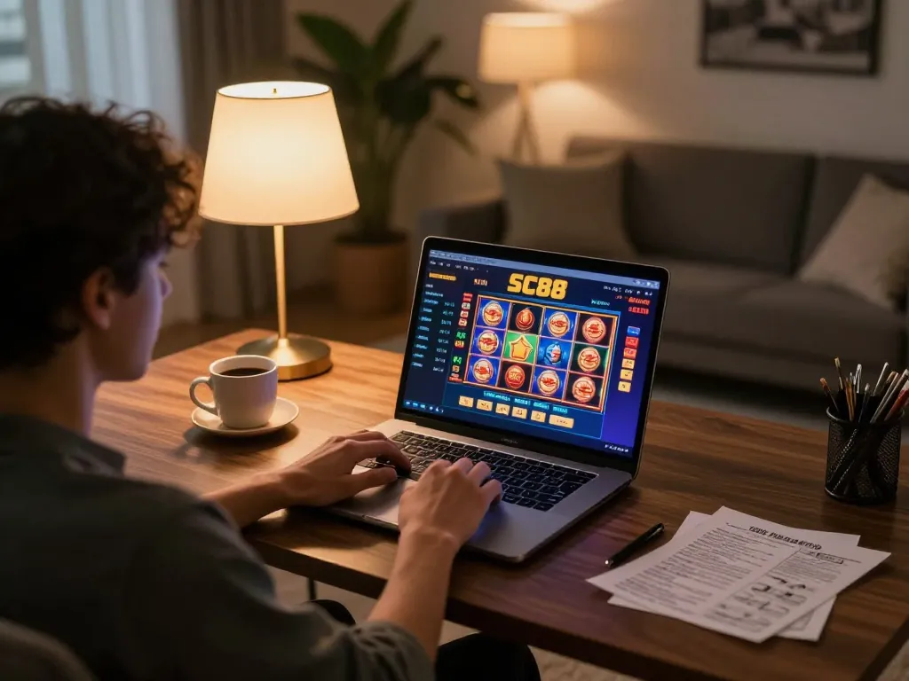 Engaging online gaming experience at SC88 casino, featuring vibrant interface and cozy setup.