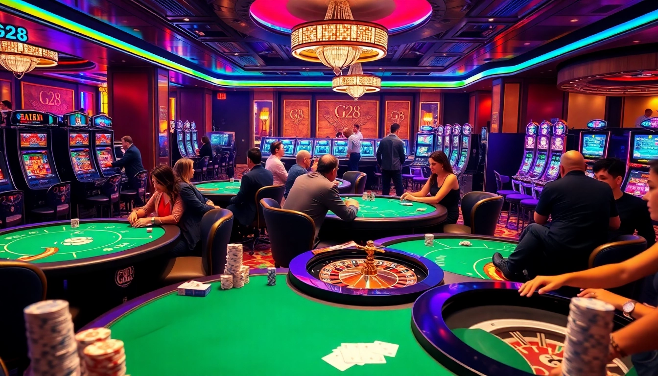 Experience the luxury of G28 with vibrant casino tables and eager gamblers.
