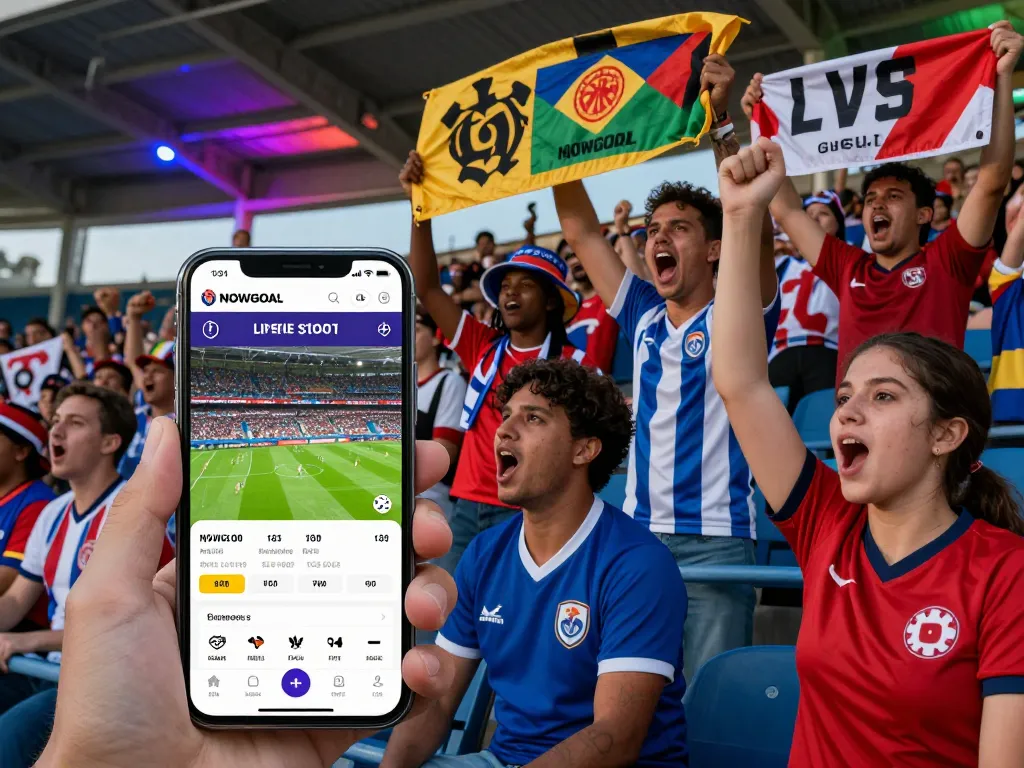 Football fans celebrating with the NOWGOAL app during a live match, highlighting real-time scores and stats.
