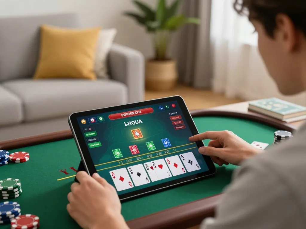 Engaging gameplay at trang chủ B52CLUB showcasing blackjack on a tablet in a cozy home setting.