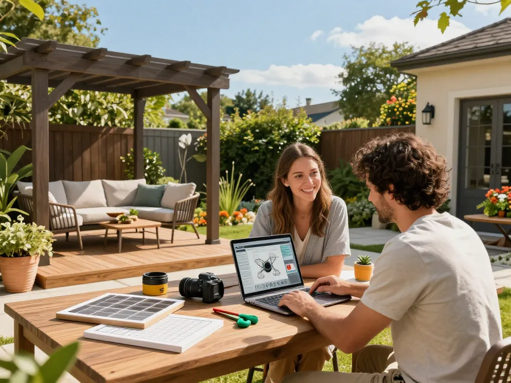 Couple using a pergola configurator to design their dream outdoor space surrounded by vibrant plants and patio furniture.