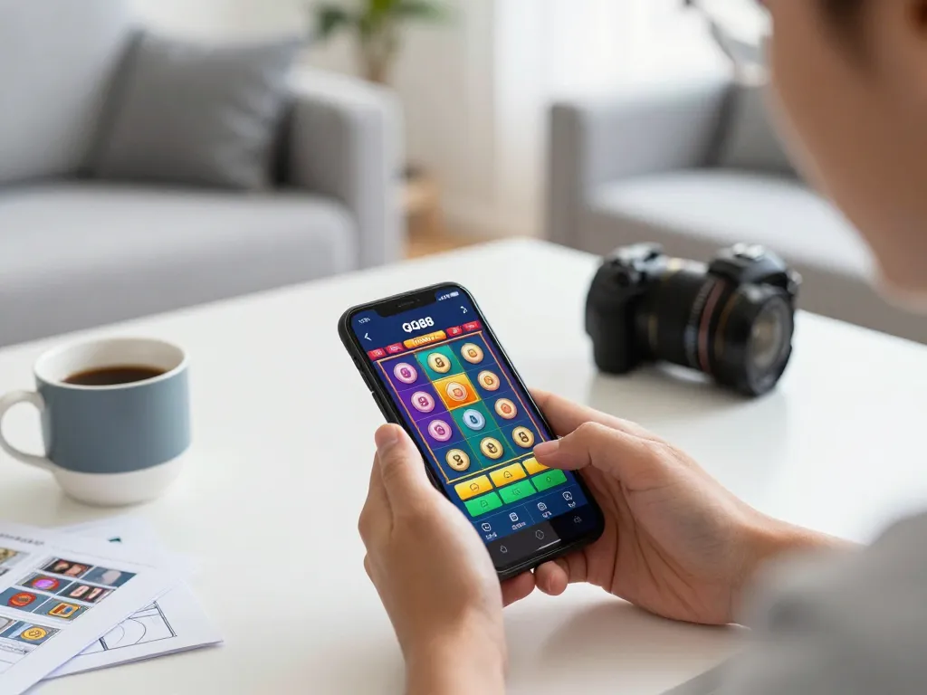 Engaging with the QQ88 mobile app while enjoying a vibrant slot game from a modern home setup.