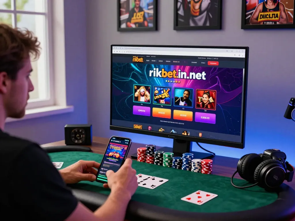 Player engaging with https://rikbet.in.net/ in a vibrant online gambling setup with poker chips and cards.