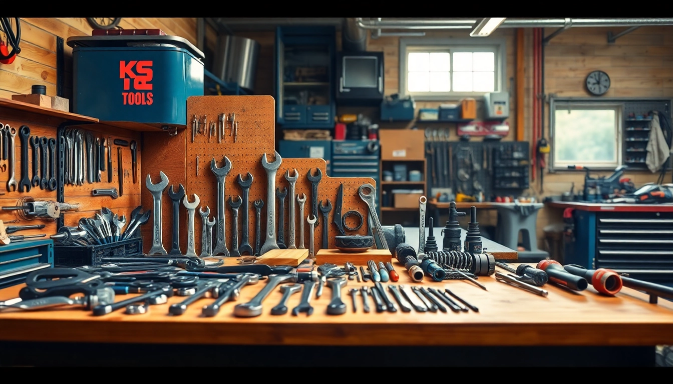 High-quality KS tools neatly arranged in a well-lit mechanic's workshop.
