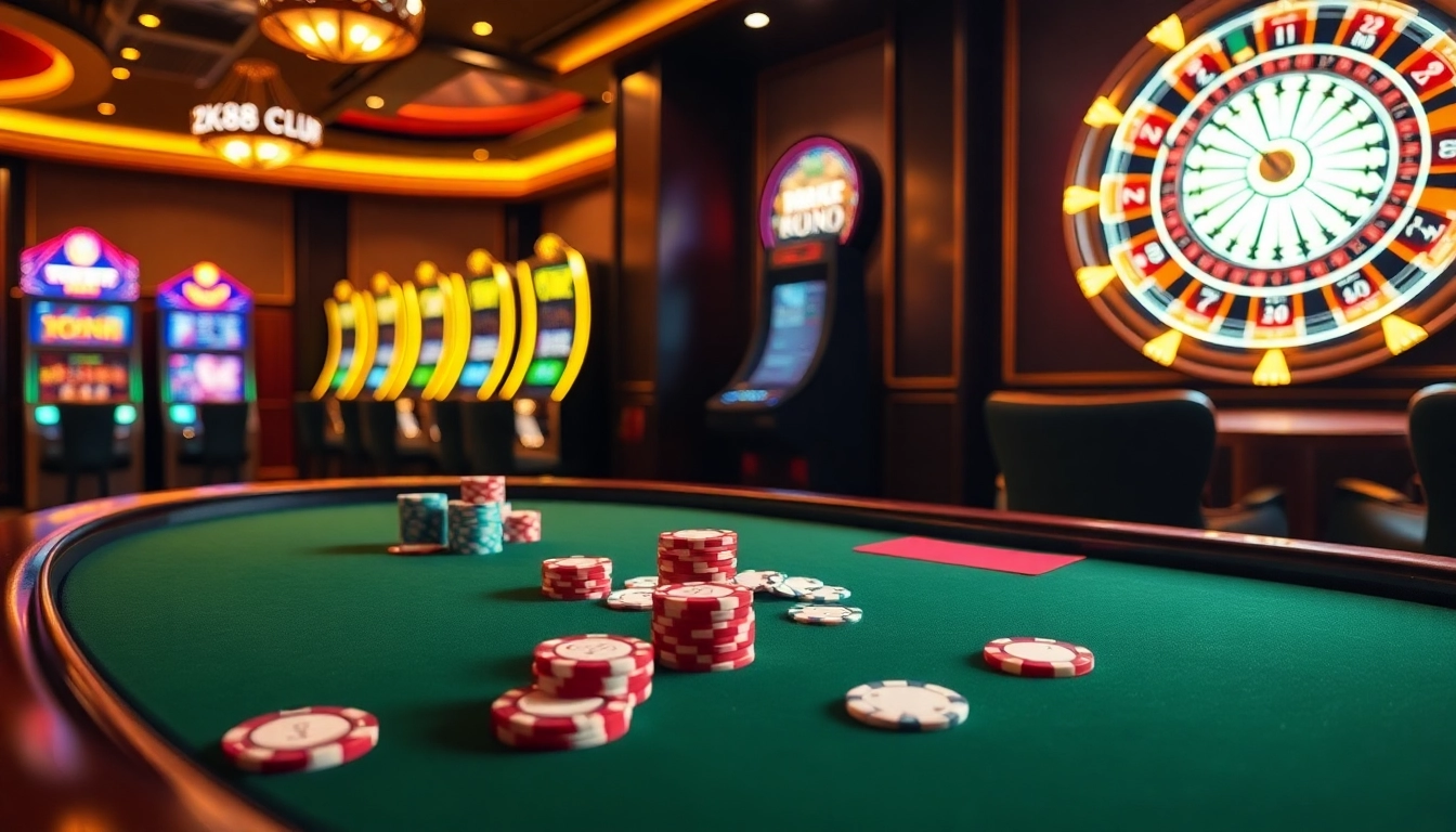 ZK88 Club poker table with chips and cards in a luxurious casino setting.