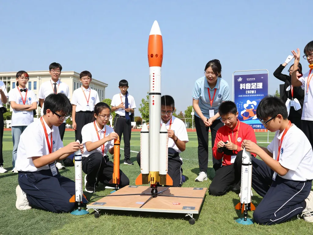 Students launching model rocket kits at a school STEM event.