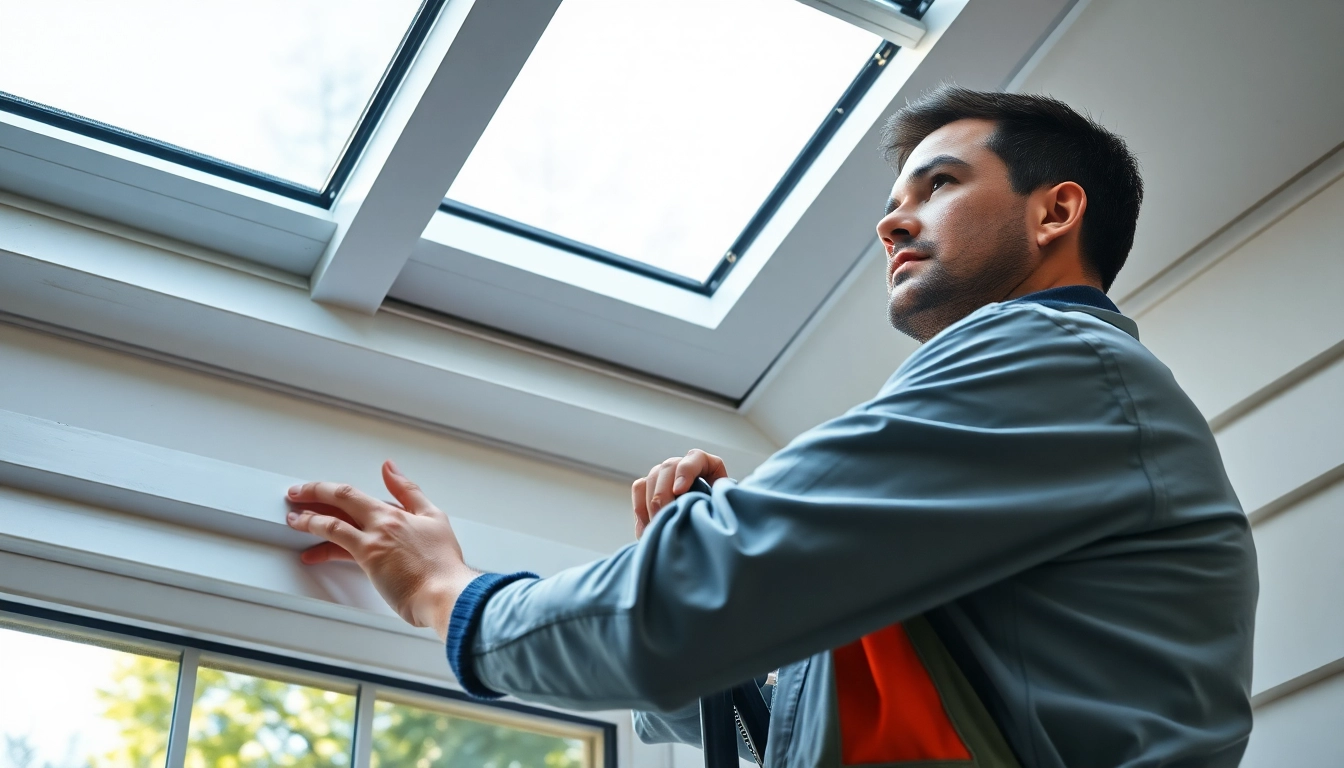 Velux repairs showcased by a technician repairing a skylight in a residential setting.